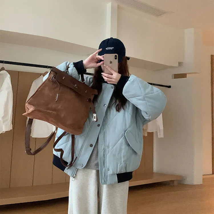 实拍美式菱格棒球服女短款冬季新款设计感夹棉学院风宽松棉服外套