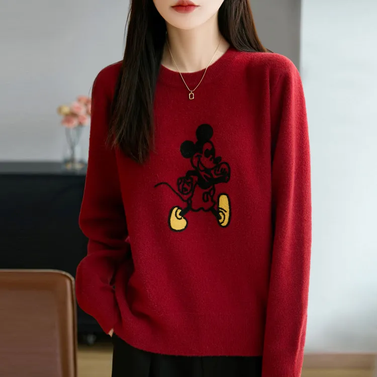 品牌女装正品冬季新款红色卡通提花女士毛针织衫百搭洋气毛衣
