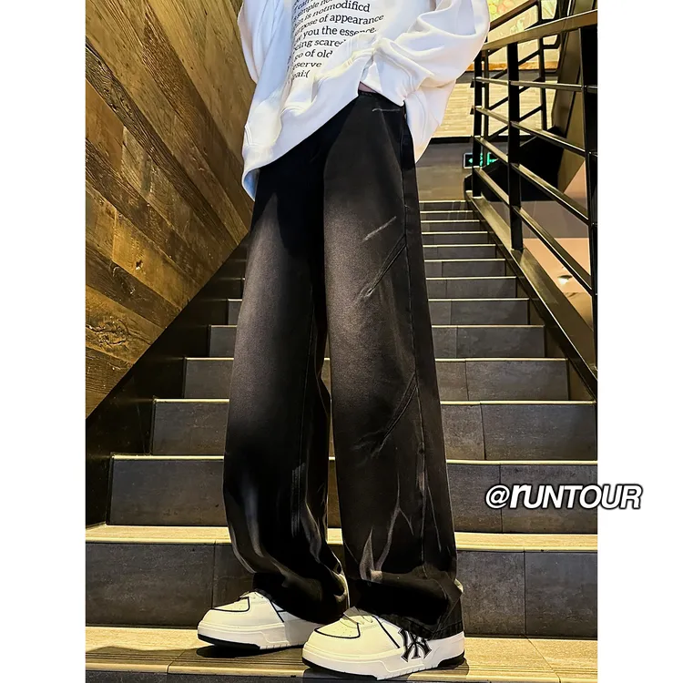 引创秋季新款百搭男士牛仔裤美式潮流高街大码直筒设计感扎染长裤