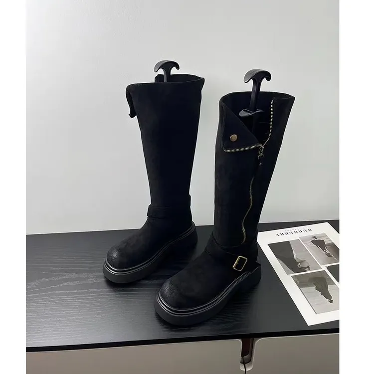 2025秋冬新款靴子长筒靴女侧拉链厚底不过膝靴真皮加绒高筒骑士靴