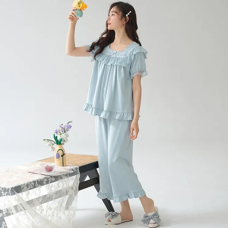 套头睡衣女夏季新款薄款纯棉短袖女士夏天大码宽松甜美家居服套装