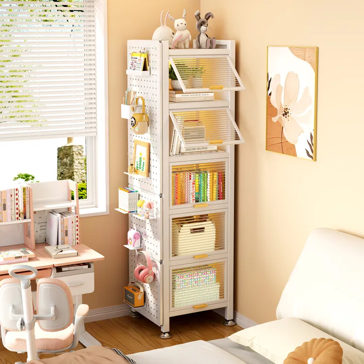 家用钢制书柜儿童防尘书架一体靠墙落地储物柜子卧室夹缝收纳柜