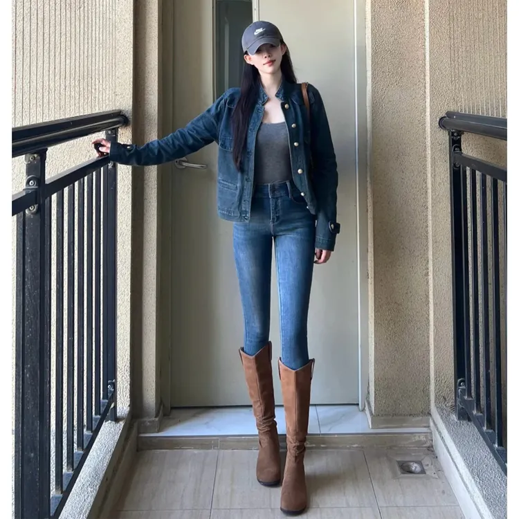 180高个子175加长复古辣妹小脚牛仔裤女显瘦紧身弹力双扣铅笔靴裤