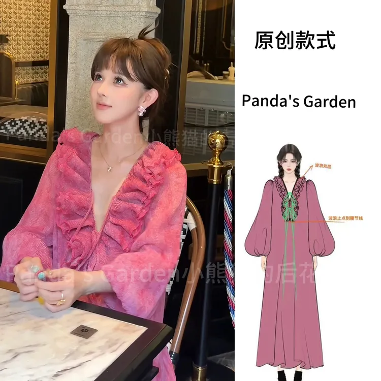 【Panda’s garden】（心动信号）原创重工木耳边v领长袖微胖连衣裙