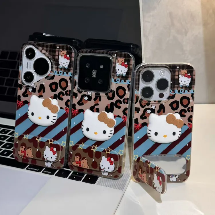 奥菲顿豹纹拼接kt公仔支架适用苹果16冰川手机壳华为vivo小米oppo