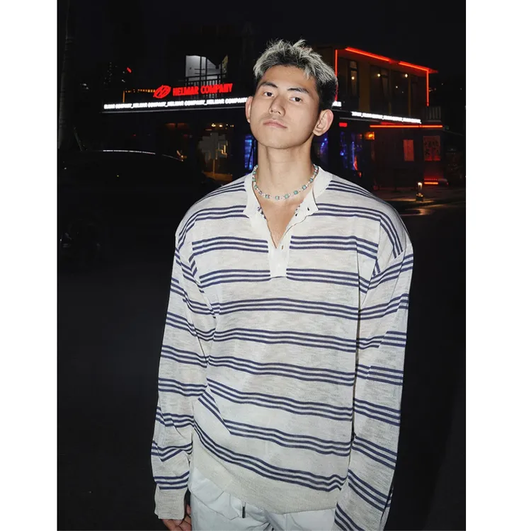 新款鸟家慵懒肌理夏日薄款度假条纹圆领长袖T恤时尚轻奢痞帅男装
