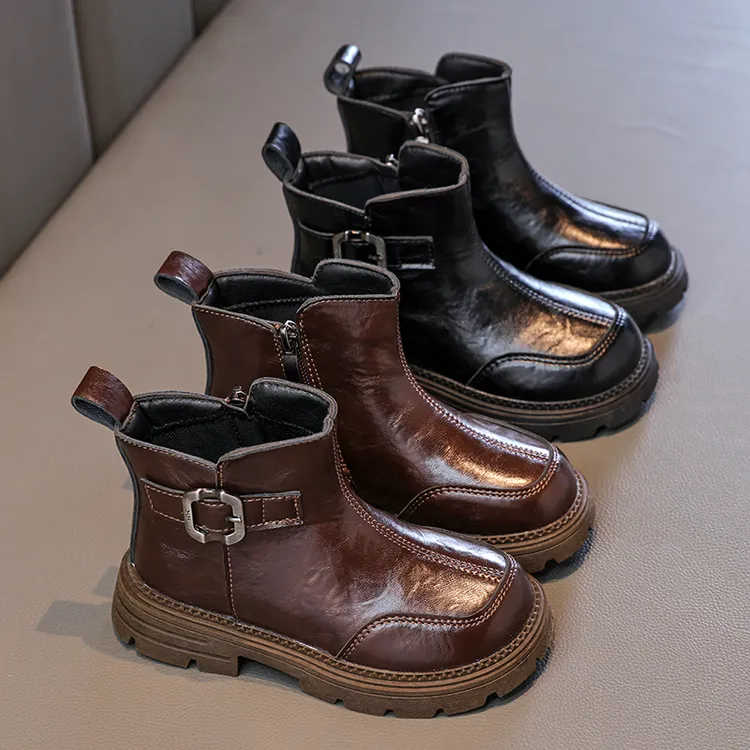 ABC 冬新款儿童保暖马丁靴英伦风皮靴子男女童加绒二棉保暖小短靴