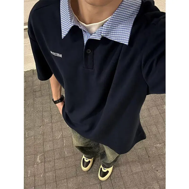 藏青色假两件短袖POLO衫男夏季美式格子衬衫领半袖高级感刺绣t恤