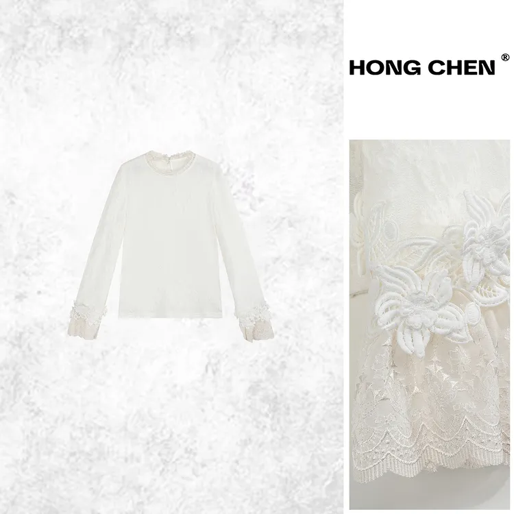 【虹辰·梦幻佳人】高端时尚荷叶边立领提花毛织弹力显瘦上衣HC2892