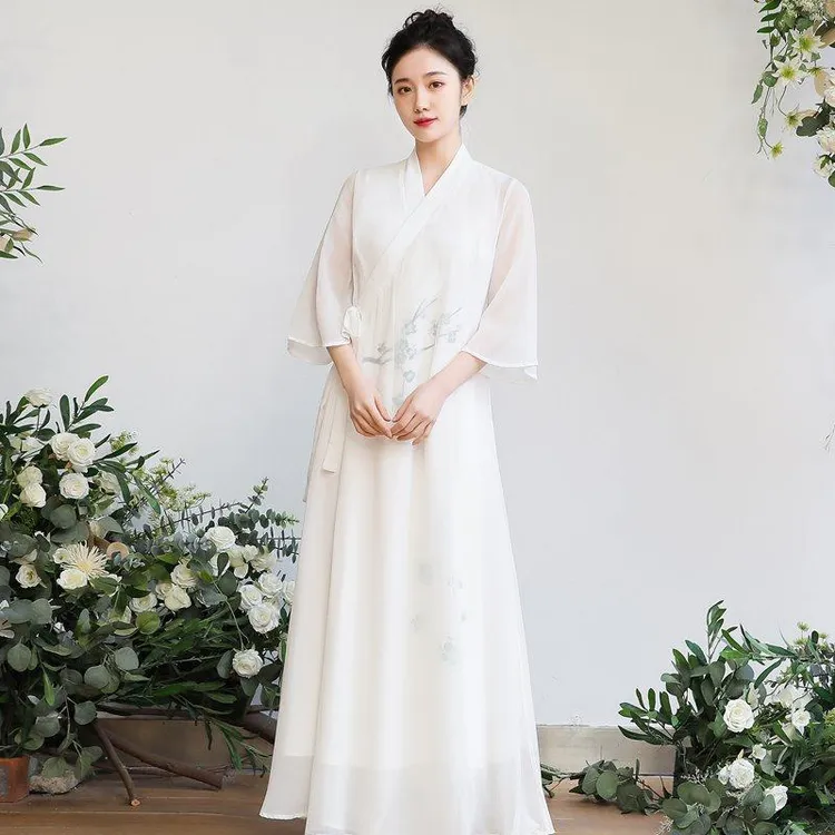 新中式改良汉服茶服禅意风套装仙气禅服女佛系女装白色道袍连衣裙