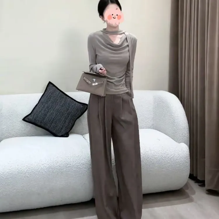 设计感荡领飘带长袖T恤女2025秋季新款打底衫高腰直筒阔腿裤套装
