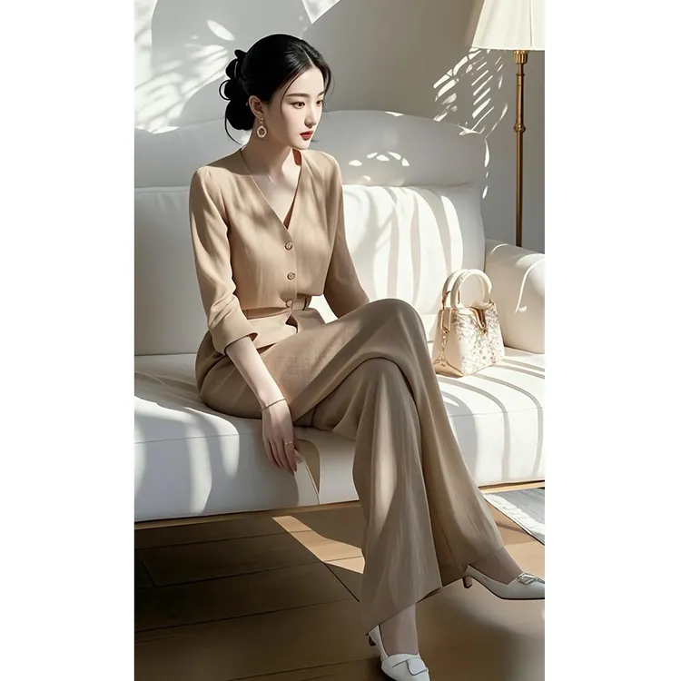 2025新款春装搭配一整套独特绝美职业小香风卡其色上衣裤子套装女