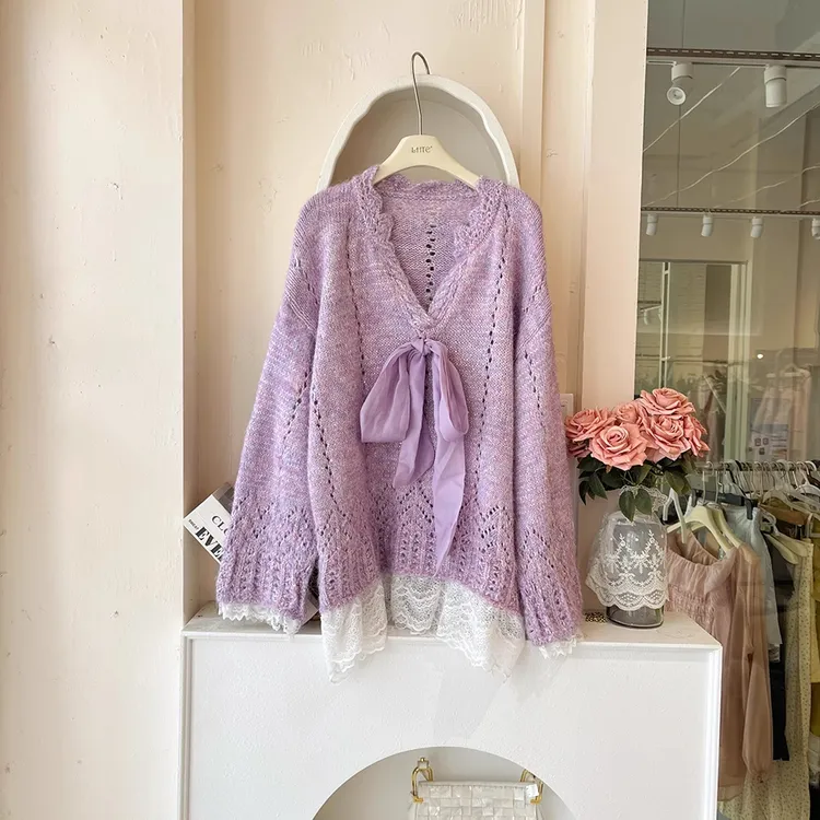 2025秋冬新款法式紫色蝴蝶结针织衫女设计感甜美蕾丝边宽松版毛衣