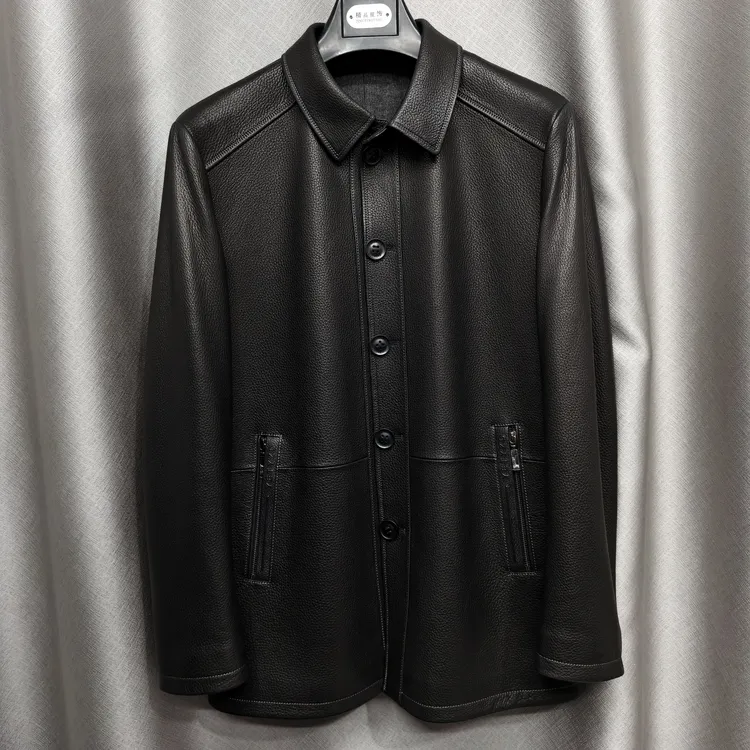 中长款山羊皮翻领真皮皮衣春秋纽扣纯色直下摆男士商务皮衣