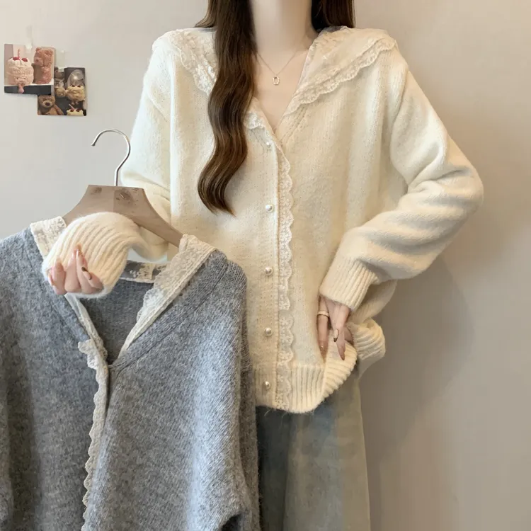 大码胖mm蕾丝拼接连帽毛衣外套女装秋冬新款宽松慵懒长袖针织上衣
