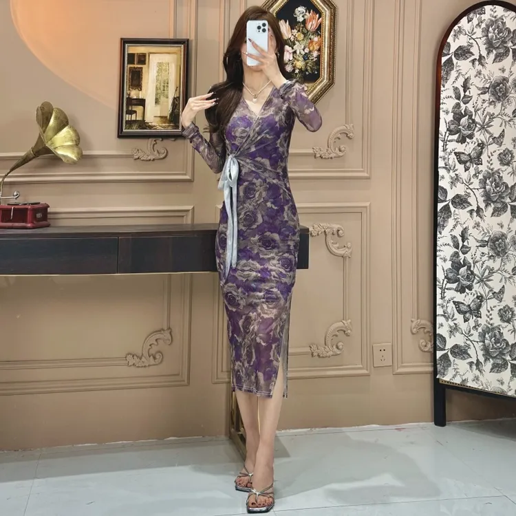 2025春夏款网纱V领绑带长袖花色印花显瘦包身修身百搭开衩连衣裙