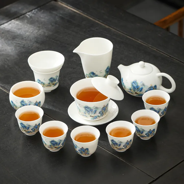 江山如画羊脂玉悬停盖碗白瓷功夫泡茶杯具套装高端全套办公室家用