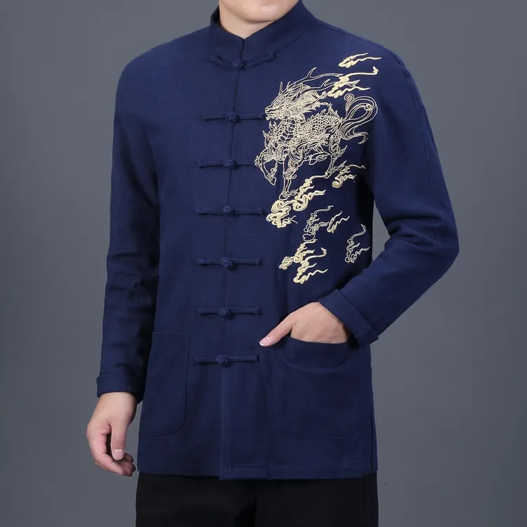 新中式长袖春秋唐装男装中国风复古盘扣上衣外套重磅棉麻麒麟刺绣