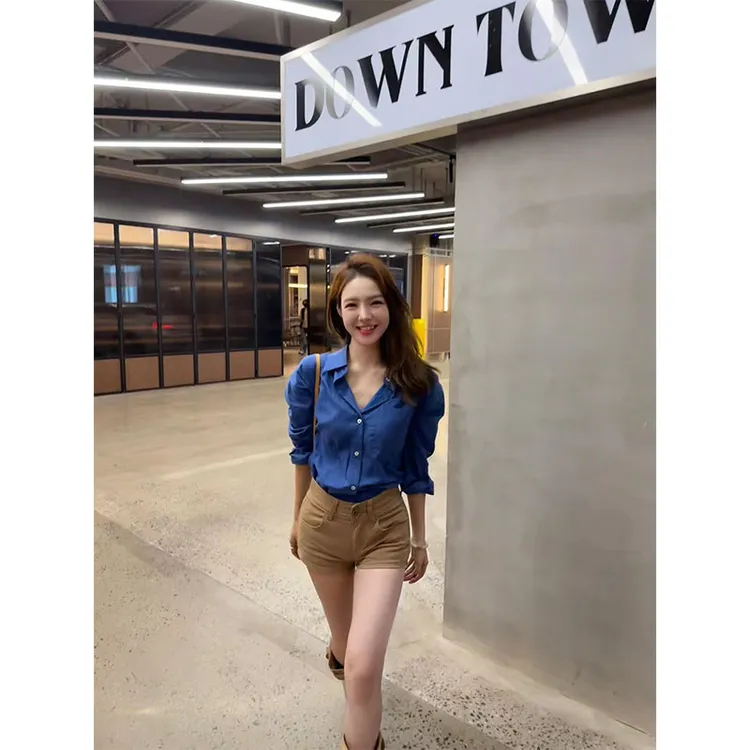 套装女2025春季新款高级感港风蓝色长袖衬衫气质上衣高腰显瘦短裤