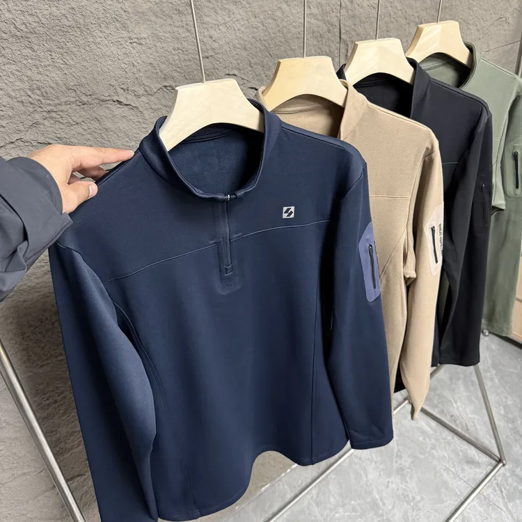 户外城市机能风男士压胶拉链口袋立领男士加绒保暖打底运动T上衣