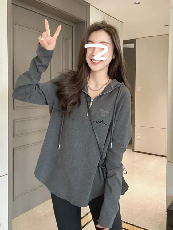 设计感小众加厚半拉链帽衫女春秋冬季新款中长款宽松百搭女款上衣