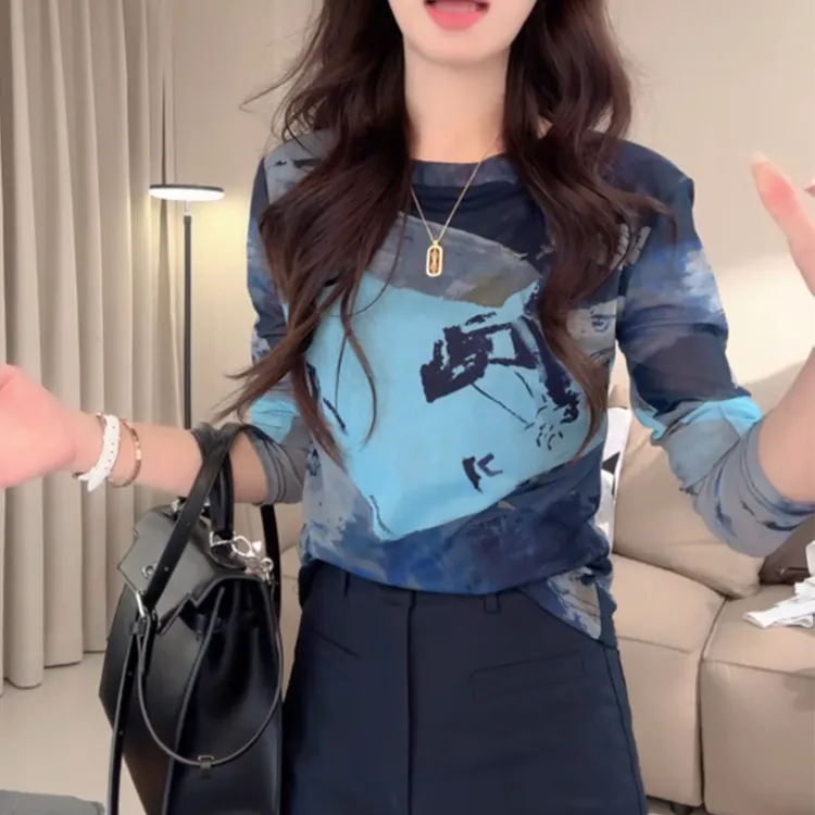 显瘦撞色2025秋季长袖T恤女网纱薄款休闲百搭圆领水墨印花上衣潮