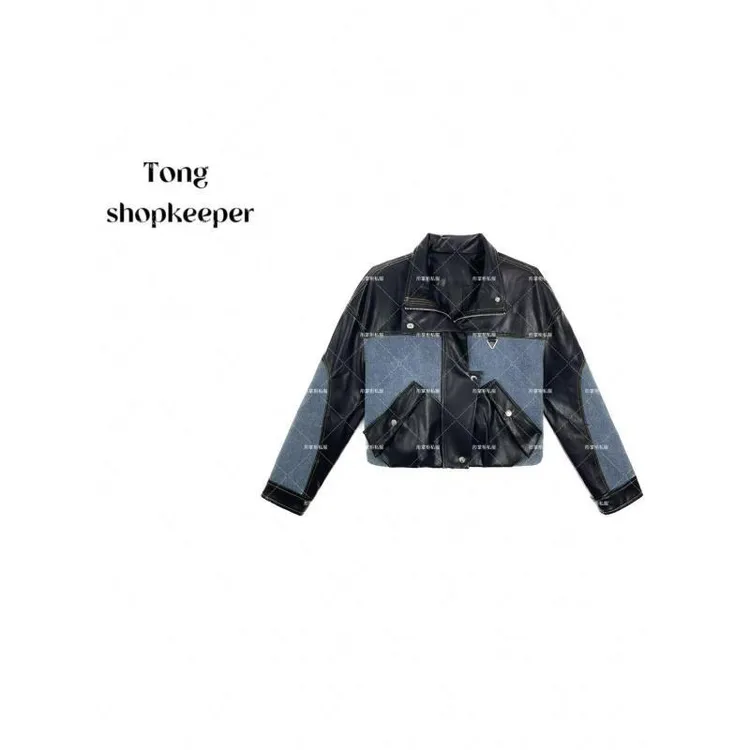 QJ/彤掌柜1682406 秋冬2025高定拼牛仔机车夹克皮衣酷帅方领外套