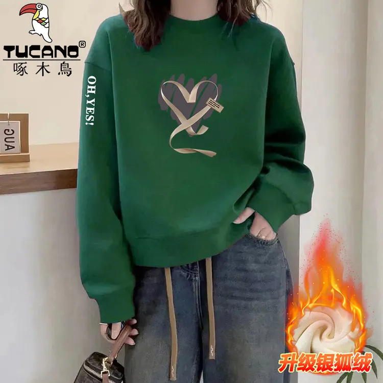 啄木鸟纯棉秋冬季加绒加厚卫衣女百搭新款宽松显瘦洋气减龄上衣服