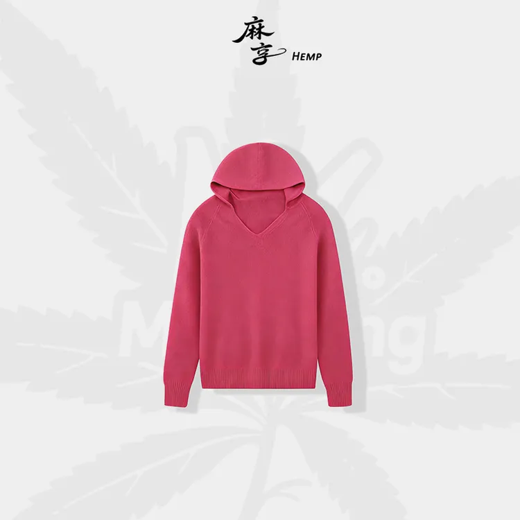 麻享【烟水柔】100%羊毛连帽毛衣长袖宽松针织套头女士帽衫FSY51054