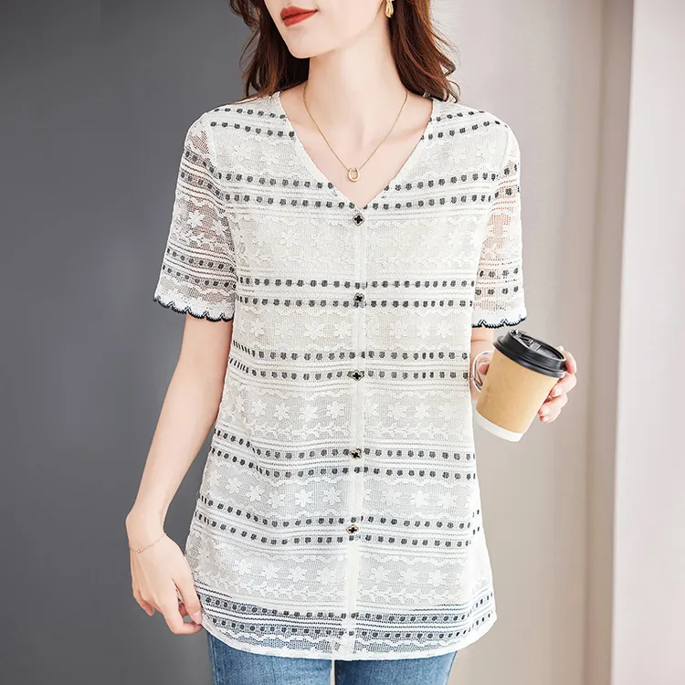 白色短袖蕾丝衫大码女装中长款宽松镂空钩花女士上衣洋气夏季薄款