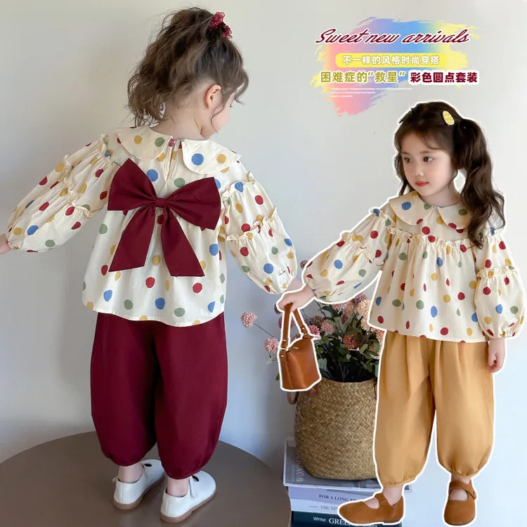 女童蝴蝶结圆点套装春秋季洋气女宝宝休闲宽松两件套儿童韩系秋装