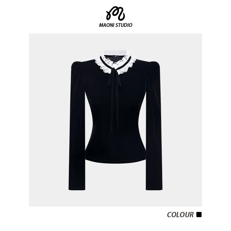 毛妮LADIESFIRST 蕾丝拼接丝绒可拆卸领口修身长袖衬衫上衣L2883
