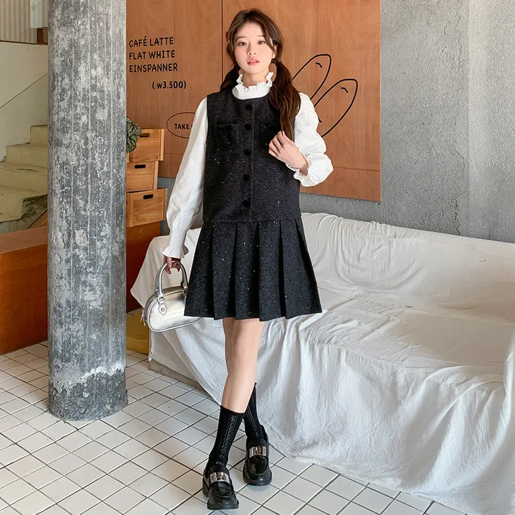 实拍法式小香风亮片连衣裙套装2025新款木耳边衬衫背心裙两件套S