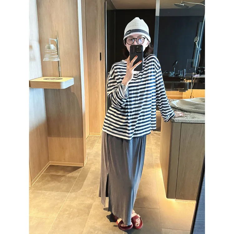【MGDM】慵懒休闲条纹T恤女夏长袖防晒罩衫宽松显瘦百搭凉感上衣