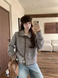 韩系复古条纹长袖毛衣外套女秋季新款软糯设计感宽松针织开衫2546