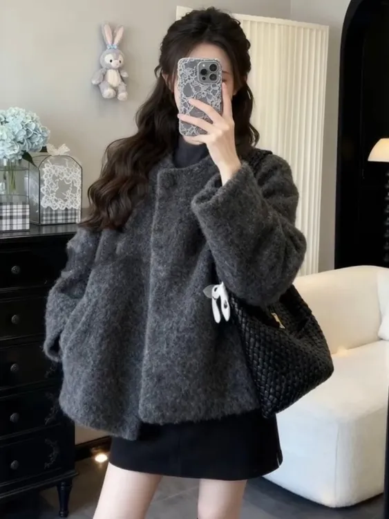 韩版休闲风灰色毛呢外套女秋冬新款高级感气质极简小个子百搭上衣