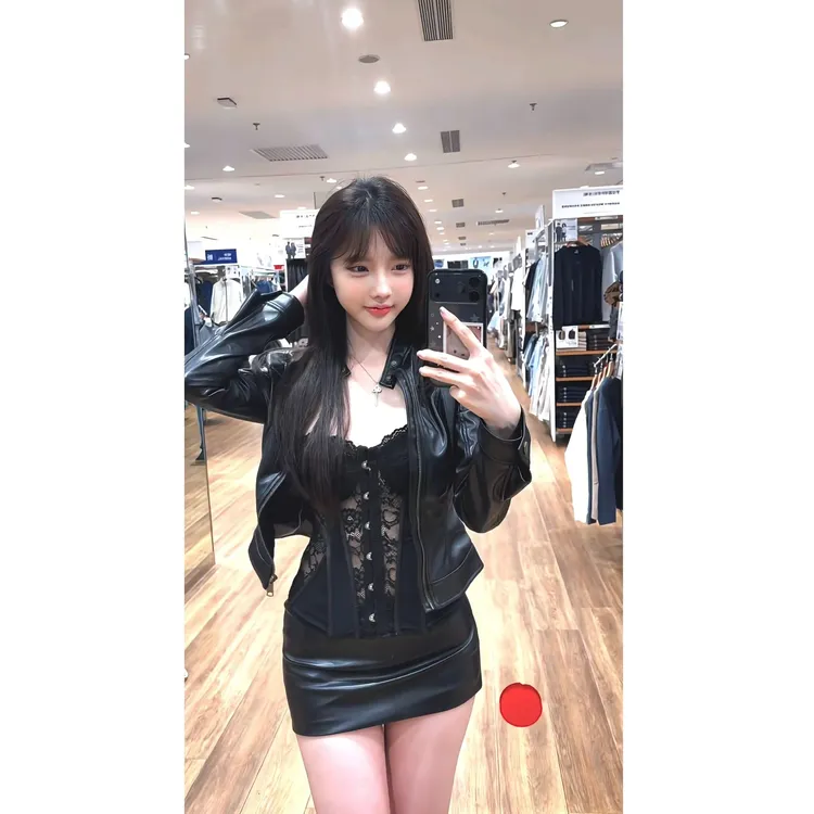 美式复古经典辣妹黑色酷女孩立领修身机车皮衣外套短裙三件套装