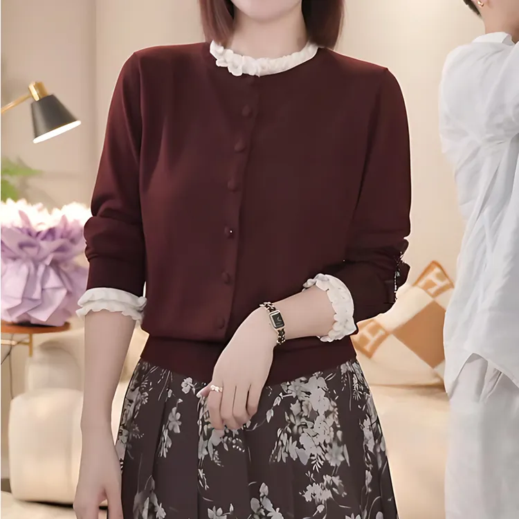【双姐】直播间同款2025新款早秋木耳领针织衫长袖上衣女纯色10508