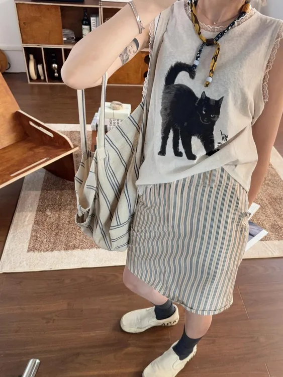 2025夏季新款韩系chic别致美式复古设计小众短袖t恤上衣百搭半裙