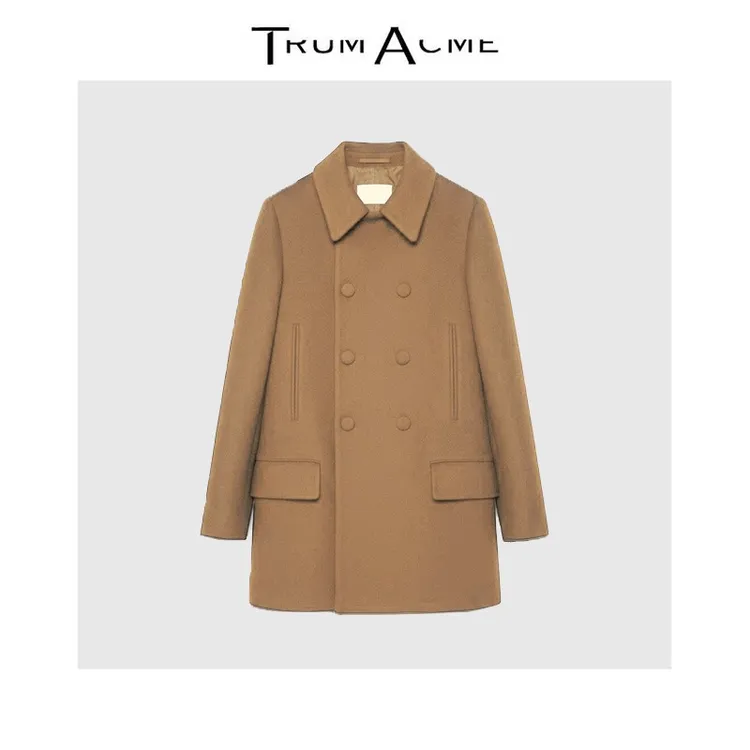 轻奢感双排扣中长款翻领宽松羊毛呢外套驼色大衣女