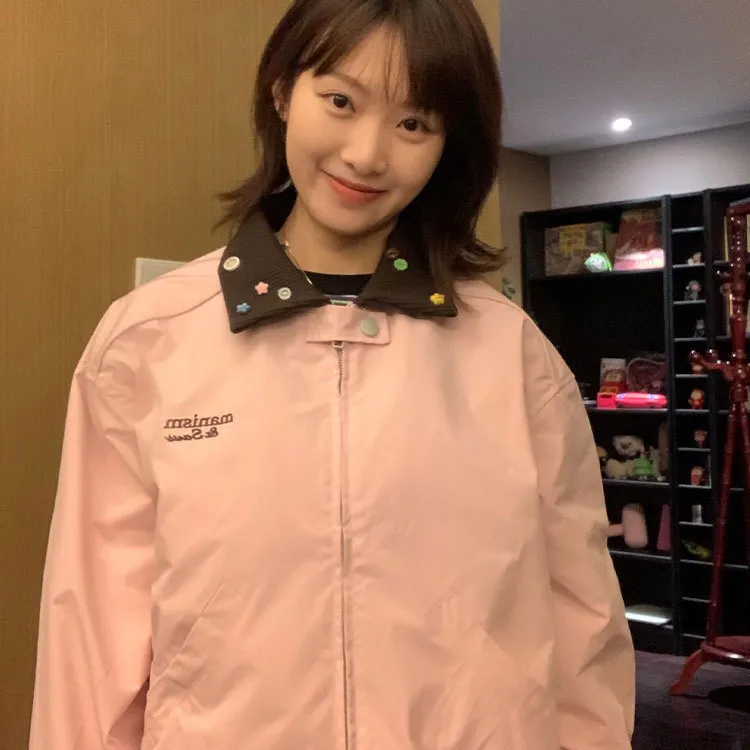美式复古粉色棒球服外套女装春秋季2025开春新款宽松休闲夹克上衣