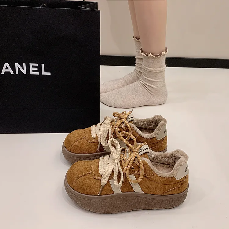 2025年冬季新款复古德训鞋增高松糕休闲百搭板鞋加绒女鞋保暖棉鞋