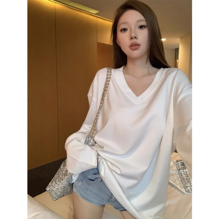 【运补6-10￥】松弛感慵懒风宽松大V领口纯白色基础款T恤上衣女秋冬