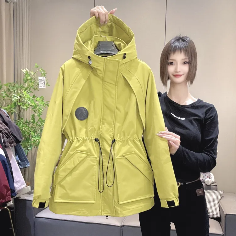 连帽薄棉秋冬季女拉链运动休闲秋冬厚款中长款收腰风衣5831