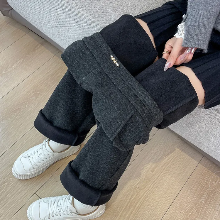 软糯毛呢窄版阔腿裤女直筒休闲春秋冬季加绒加厚糯米高级感慵懒风