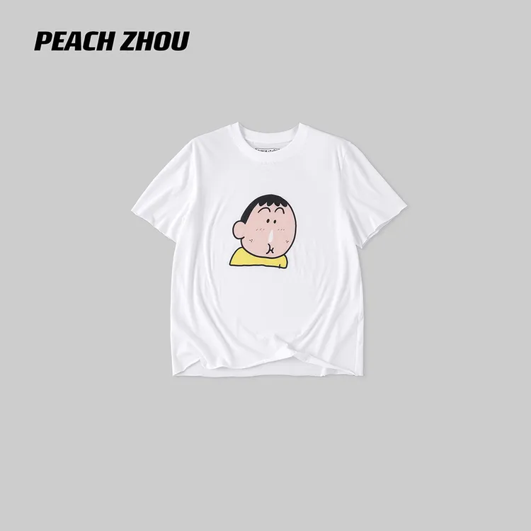 PEACHZHOU 童趣阿呆蜡笔小新卡通印花卷边正肩宽松圆领短袖T恤女