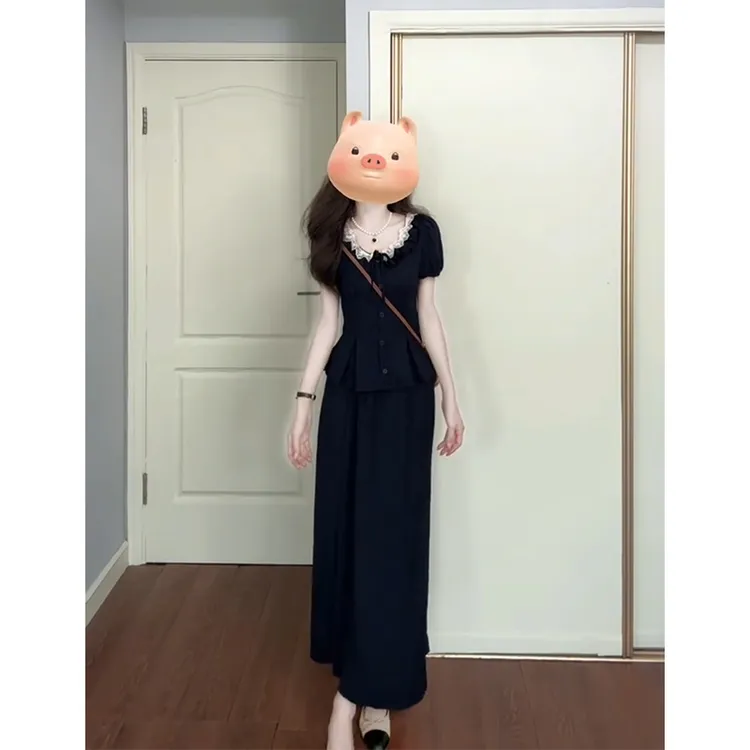 parkyeon蕾丝花边短袖连衣裙子女夏季新款赫本风减龄半身裙两件套