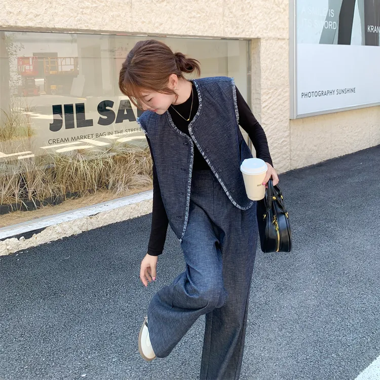 复古港风牛仔马甲打底衫阔腿裤2025春秋新款轻奢韩系ins风三件套