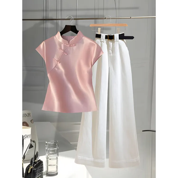 春季新款轻奢小众新中式粉色短袖女小个子白色休闲裤两件套装