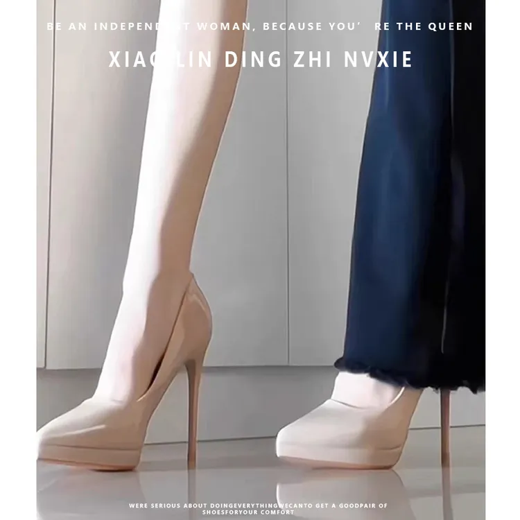 裸色漆皮防水台高跟鞋女春秋新款细跟不累脚10cm尖头气质配裙单鞋